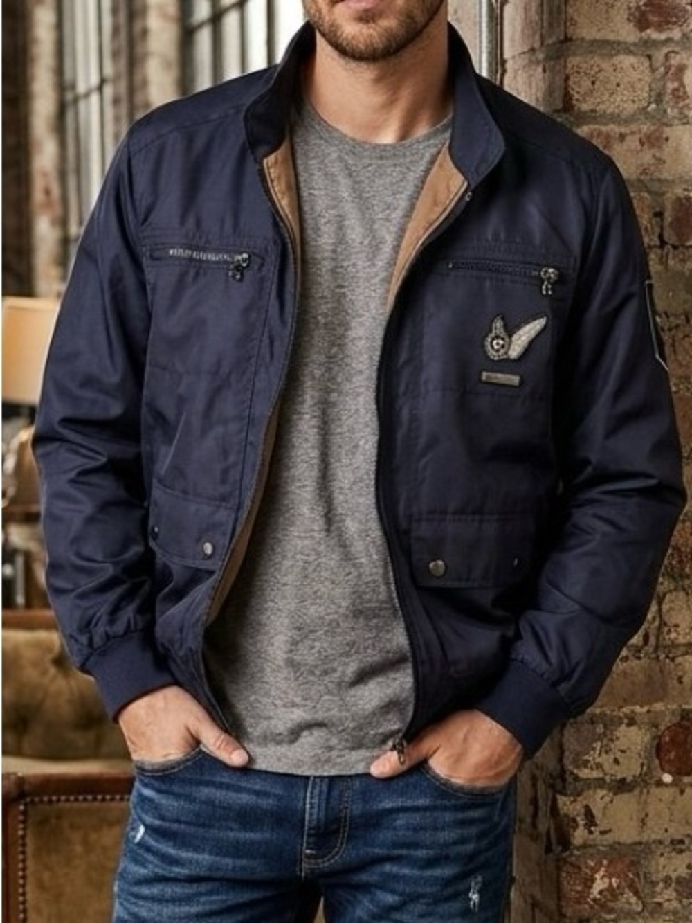 Y2K Retro Sean John Mens Military Flight Bomber Jacket Navy Blue Size XL SJIG100